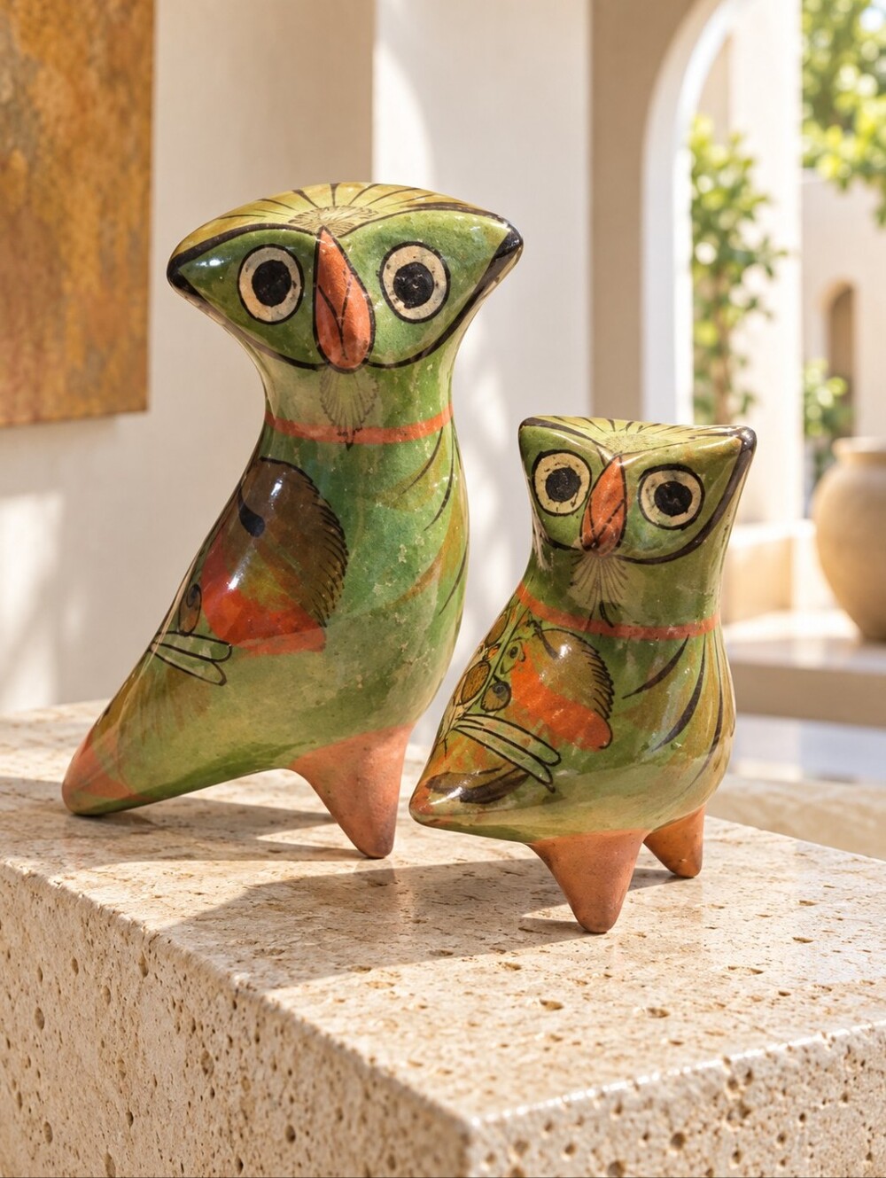 Vintage Tonalá Mexico Pottery Owl Figurines Pair Hand Painted Folk Art